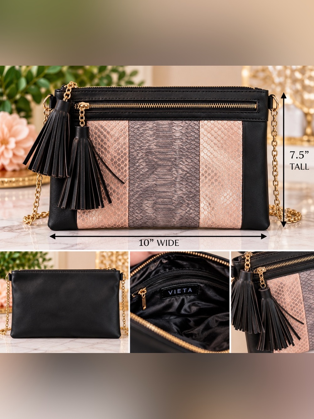 VIETA Black & Tan Snakeskin Clutch Crossbody Bag with Tassel